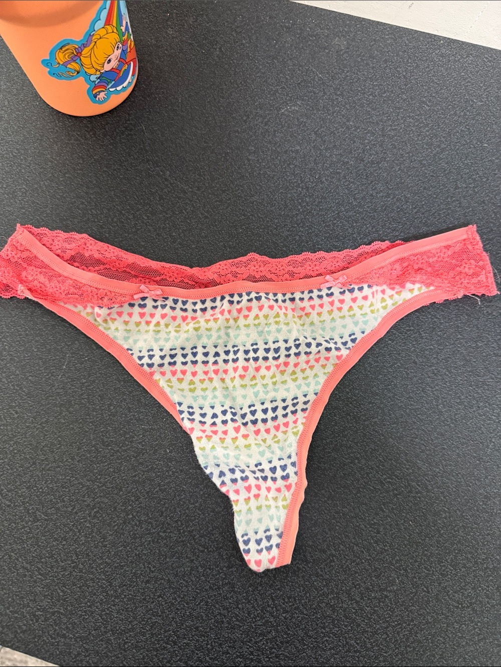 Victoria's Secret Coral Lace-Trim Heart Print Thong